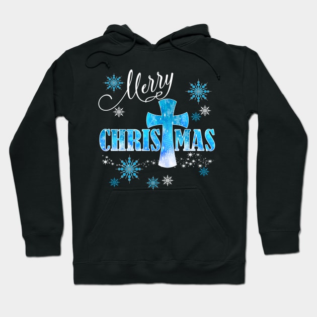 Christian Christmas Gift Merry Christmas Blue Cross Holiday Hoodie by Kimmicsts